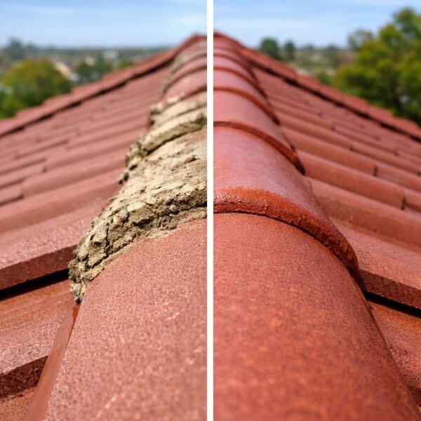 Before and after roof repointing in Adelaide showing cracked ridge caps restored by Roofing Guys Adelaide