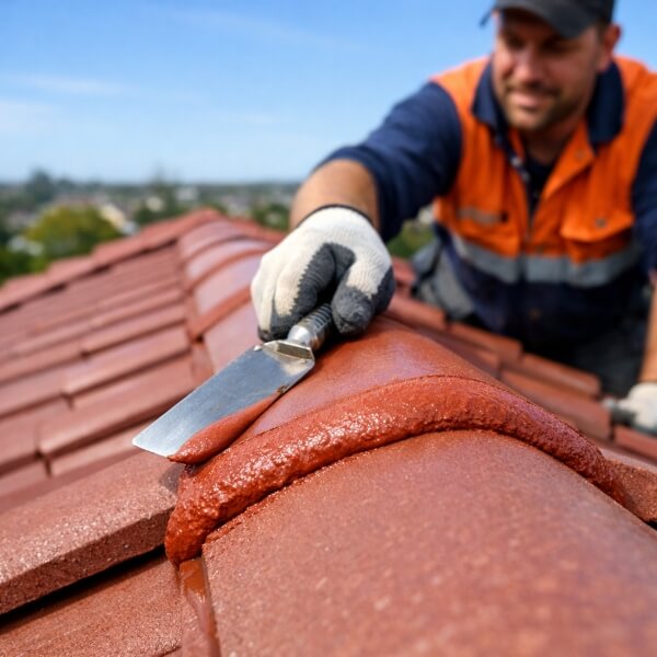 Ridge cap repointing on tiled roof in Adelaide by Roofing Guys Adelaide using flexible pointing compound.